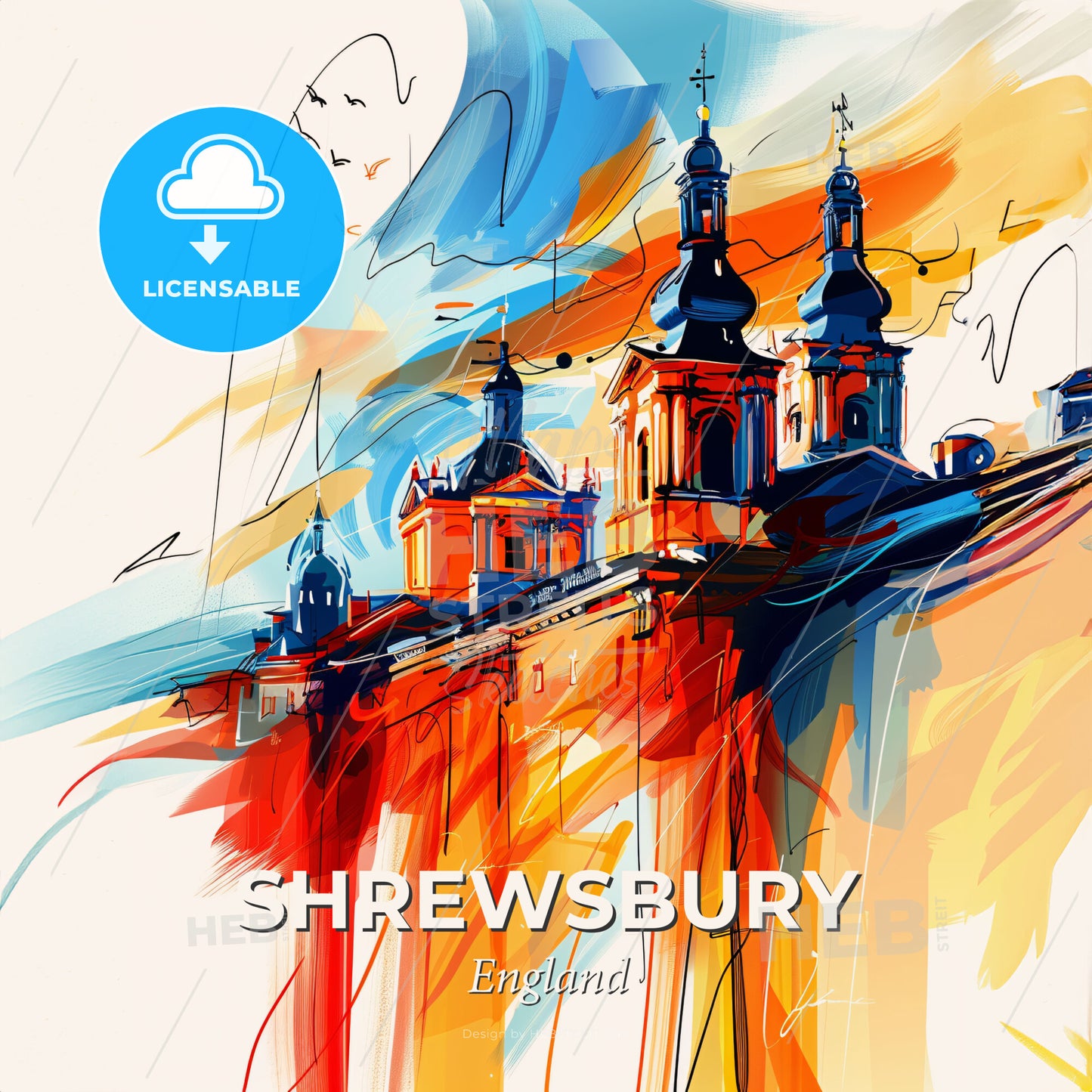 Vibrant Shrewsbury, England - A Painting Of A Building With Towers - Square format print template