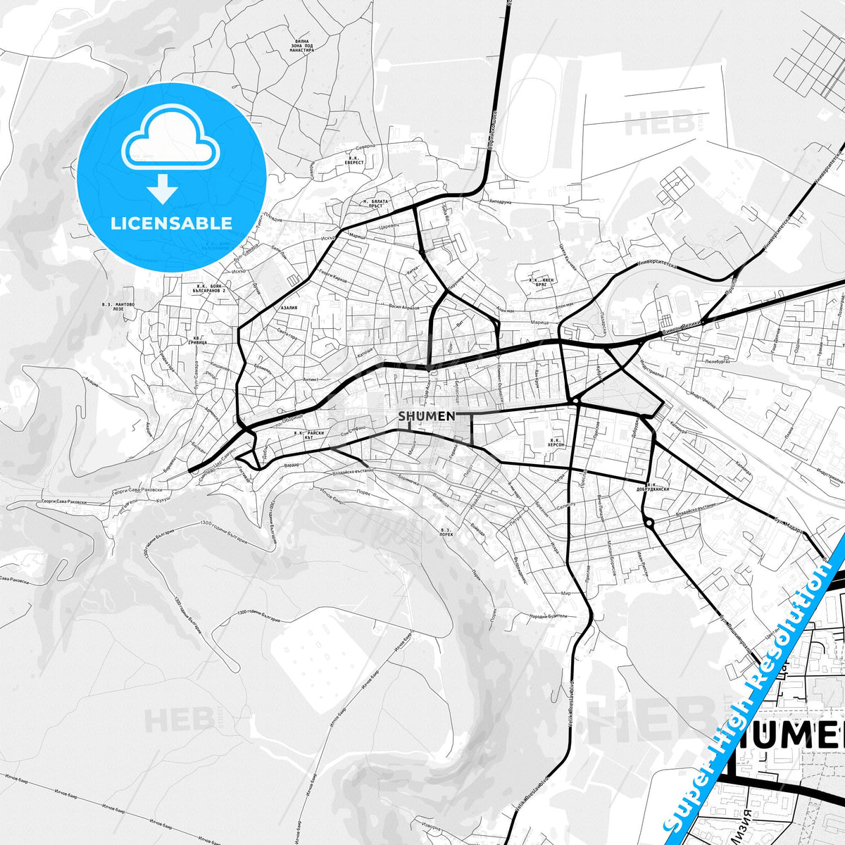 Shumen, Bulgaria Light Map with Street Names, City Names, and Districts