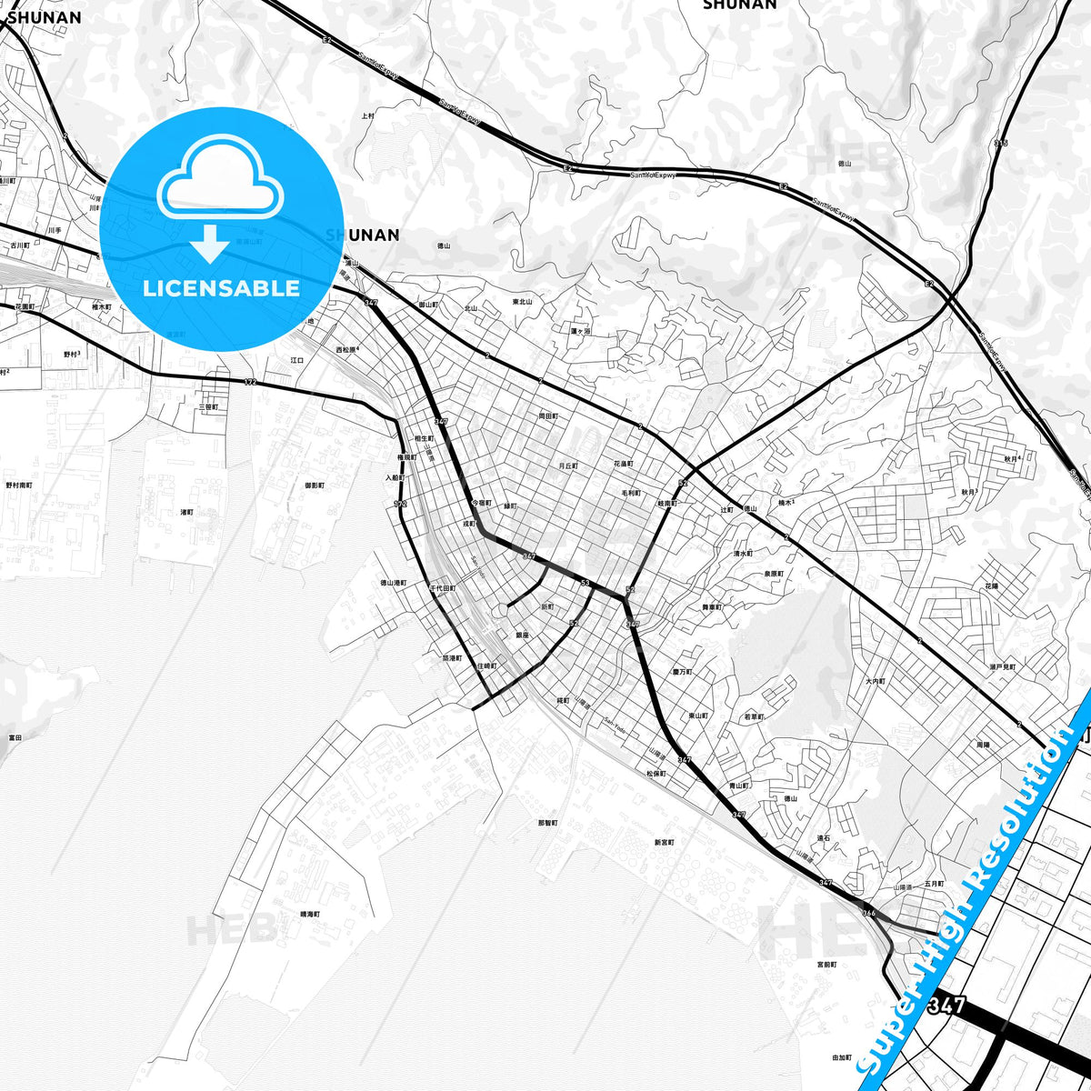 Shūnan, Japan Light Map with Street Names, City Names, and Districts