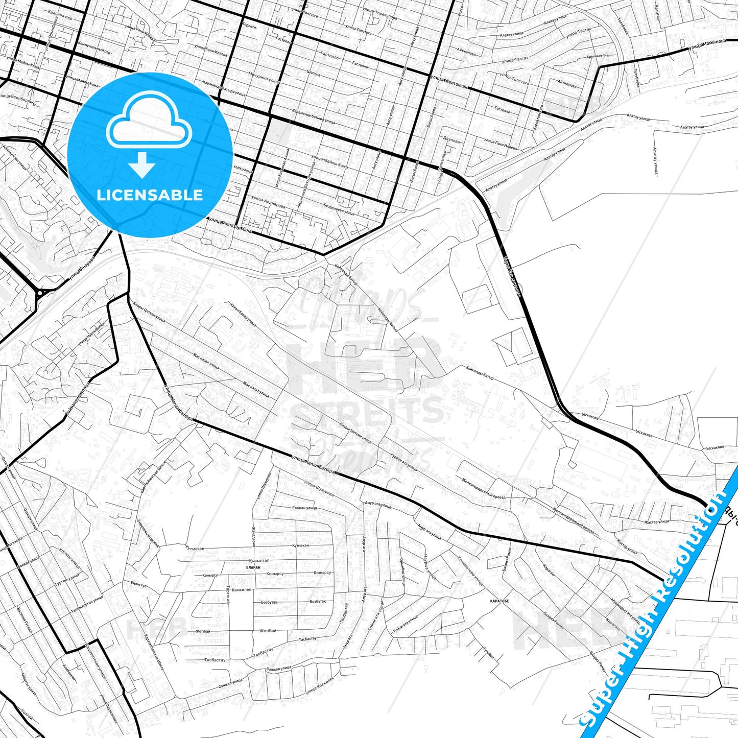 Shymkent, Kazakhstan Light Map with Street Names, City Names, and Districts