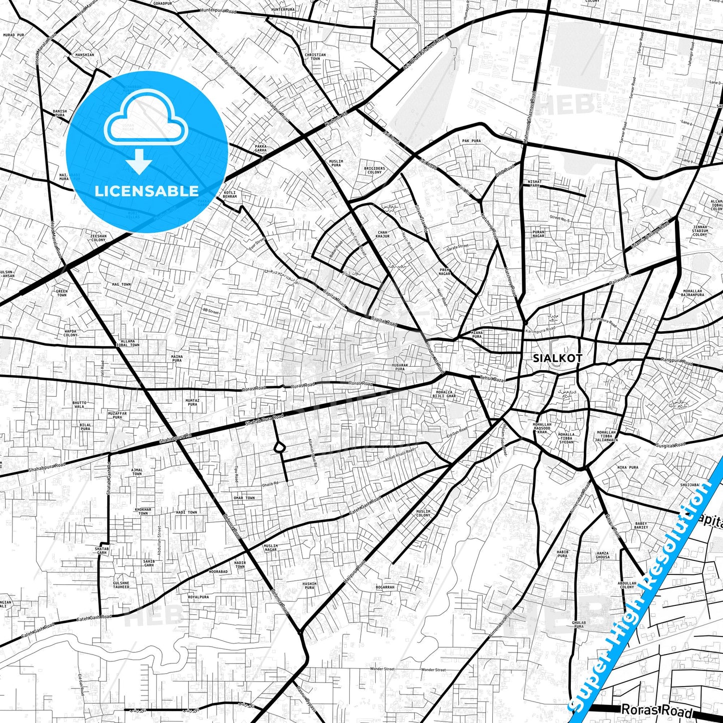 Sialkot, Pakistan Light Map with Street Names, City Names, and Districts