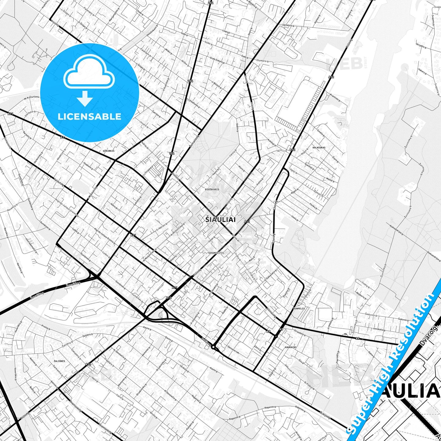 Šiauliai, Lithuania Light Map with Street Names, City Names, and Districts