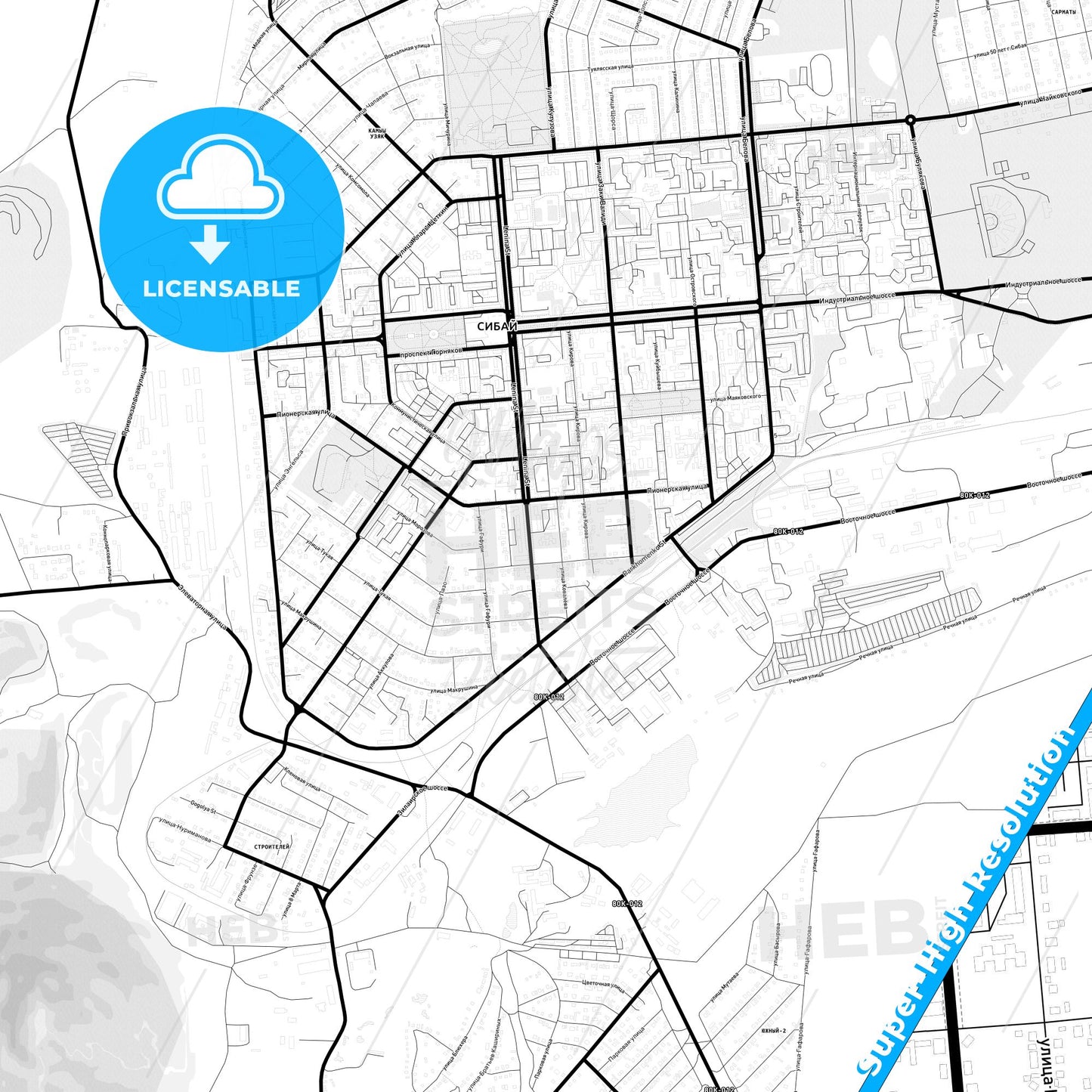 Sibay, Russia Light Map with Street Names, City Names, and Districts