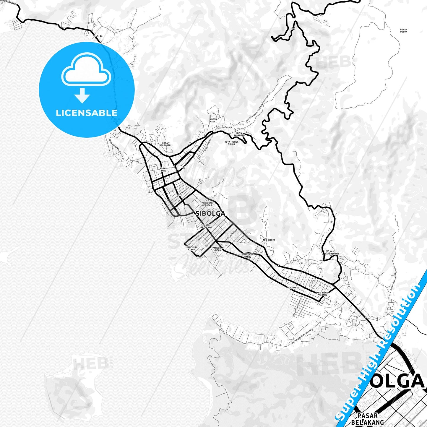 Sibolga, Indonesia Light Map with Street Names, City Names, and Districts