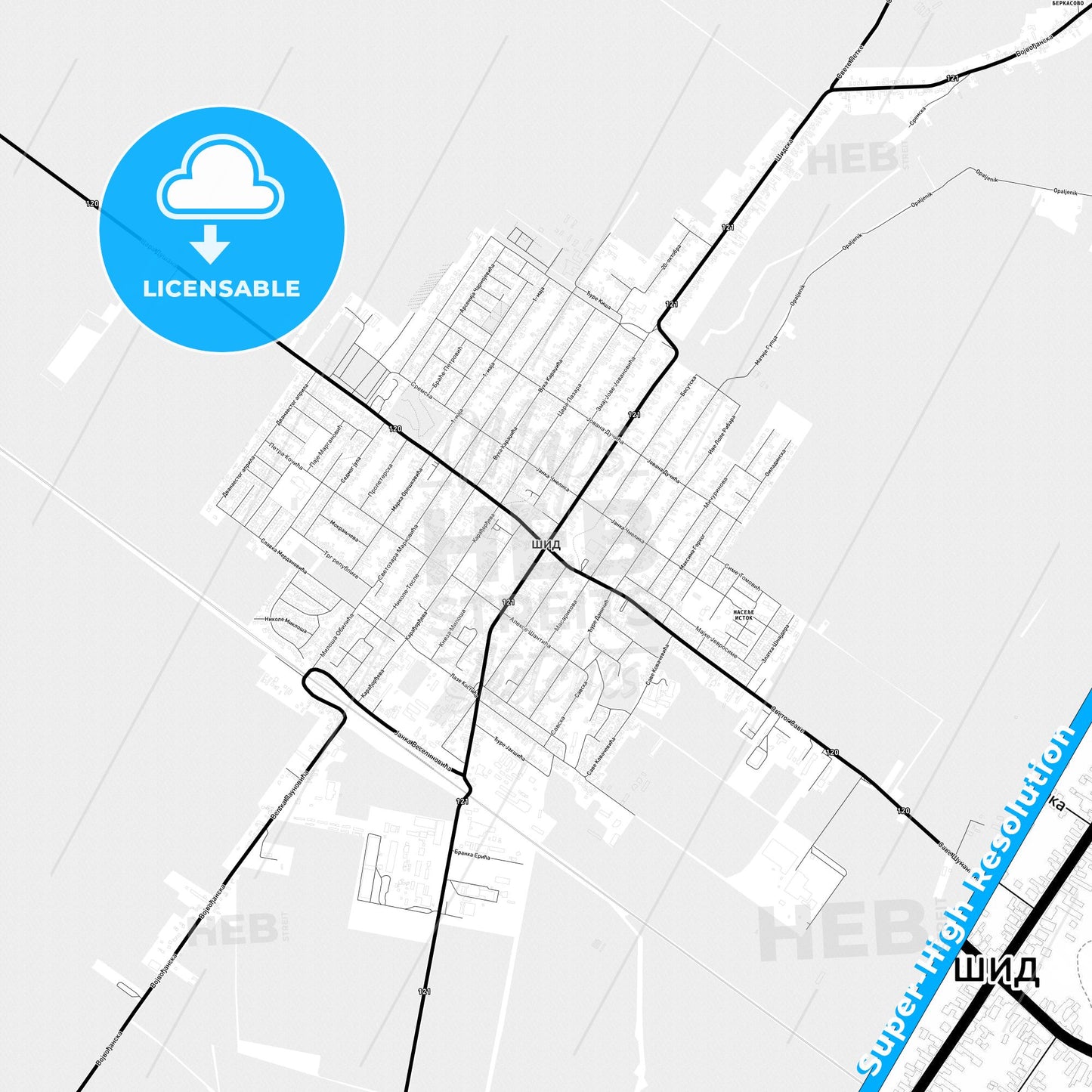 Šid, Serbia Light Map with Street Names, City Names, and Districts