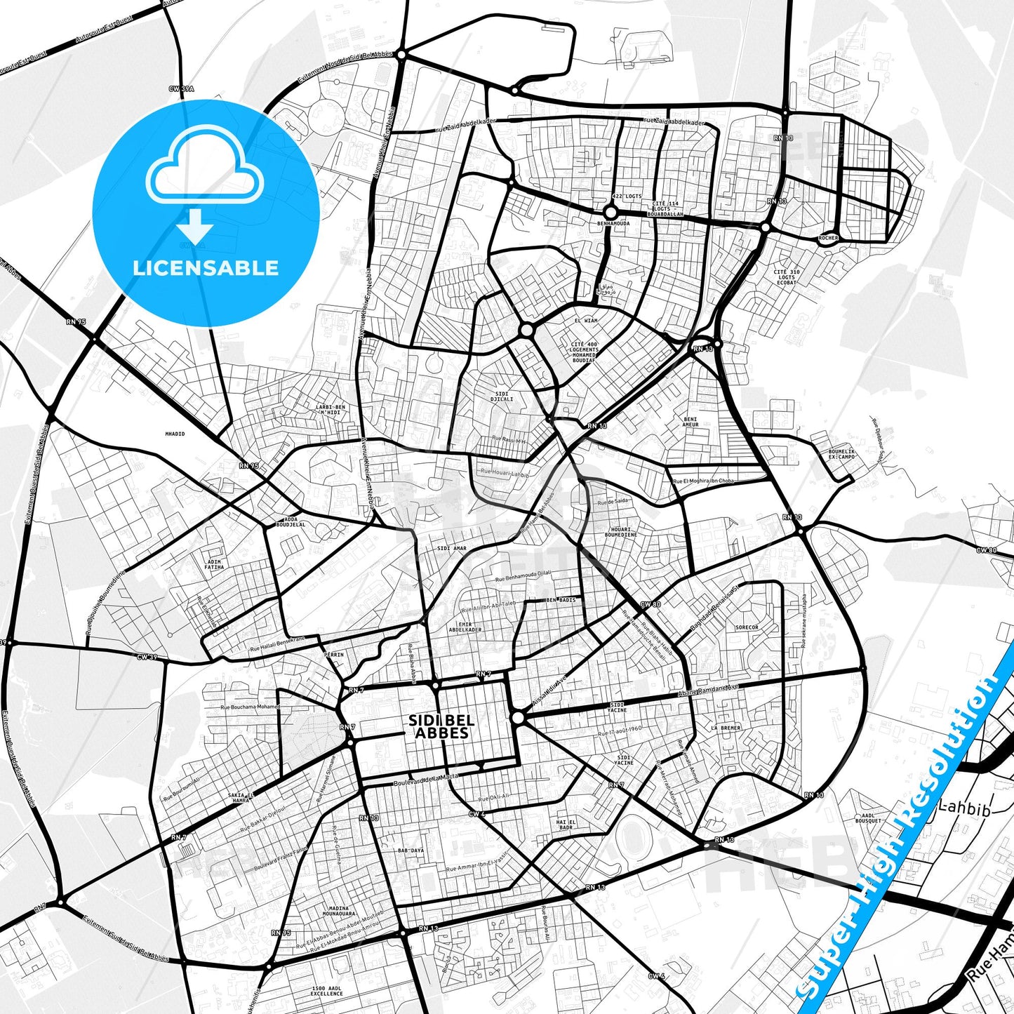 Sidi Bel Abbes, Algeria Light Map with Street Names, City Names, and Districts