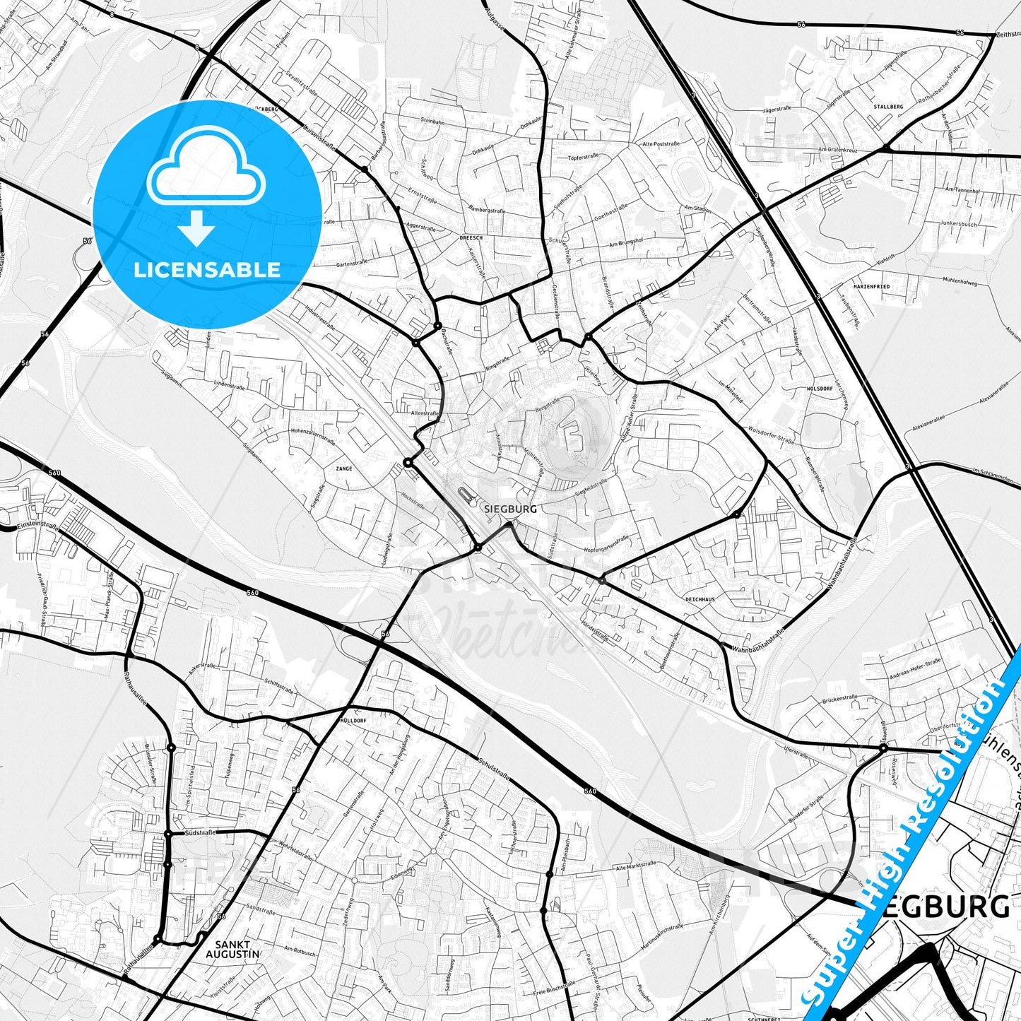 Siegburg, Germany Light Map with Street Names, City Names, and Districts