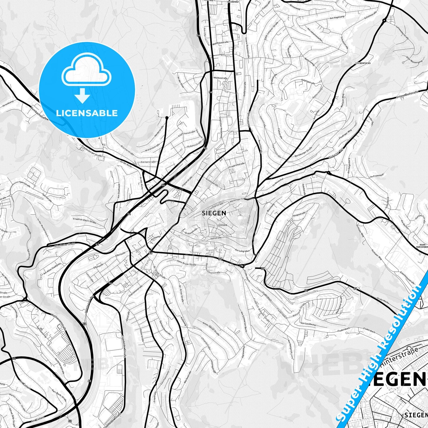 Siegen, Germany Light Map with Street Names, City Names, and Districts