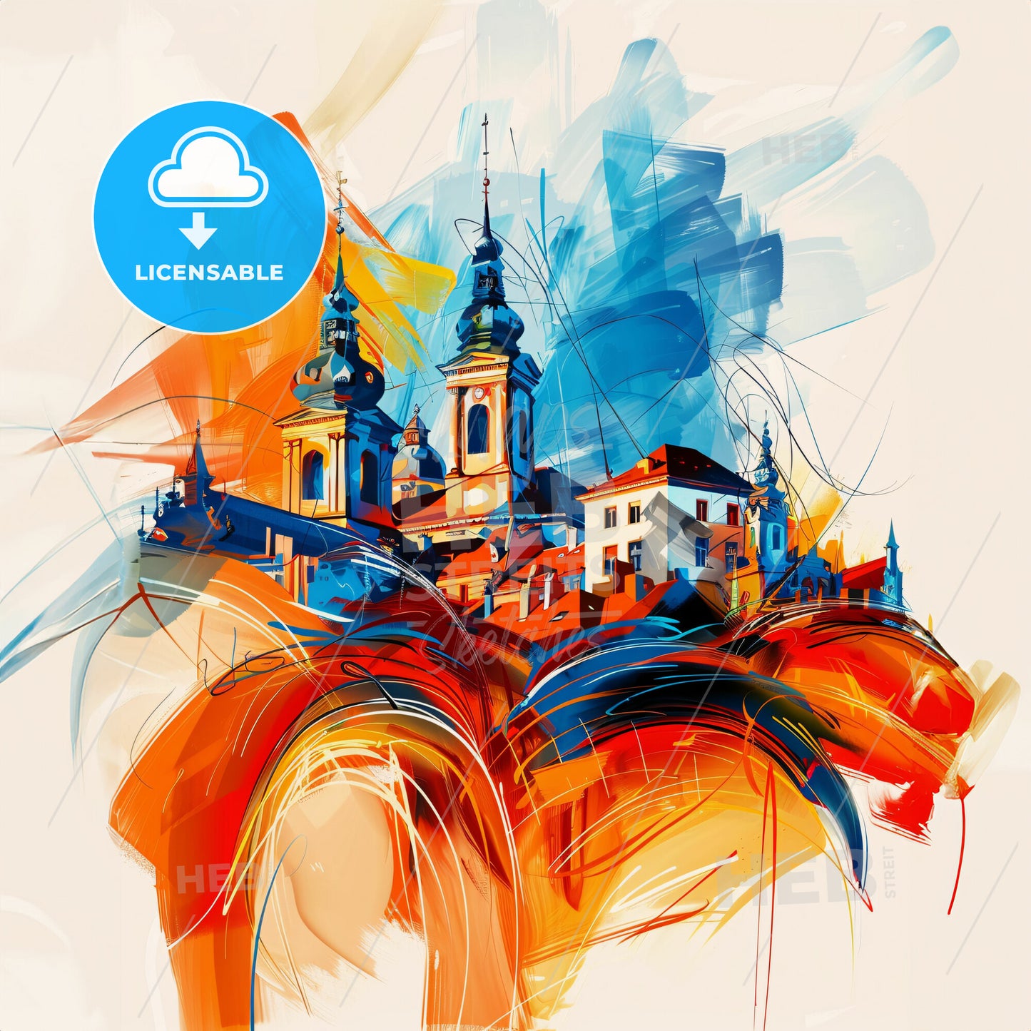 Vibrant Siegen, Germany - A Painting Of A Building With Towers And A Colorful Background