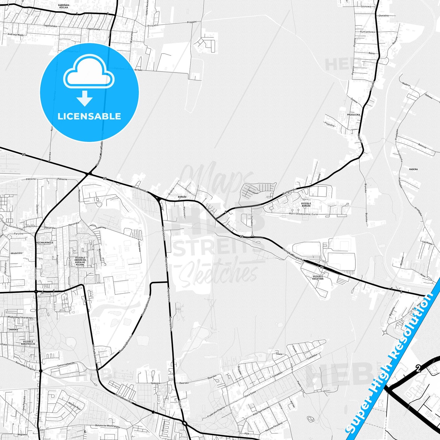 Siemianowice Śląskie, Poland Light Map with Street Names, City Names, and Districts