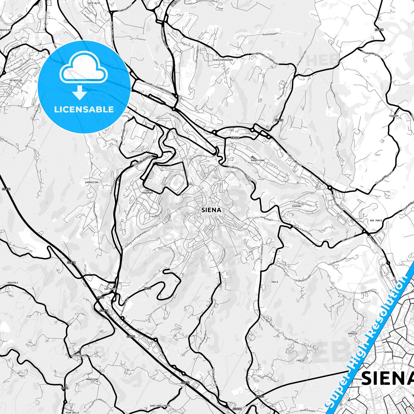 Siena, Italy Light Map with Street Names, City Names, and Districts