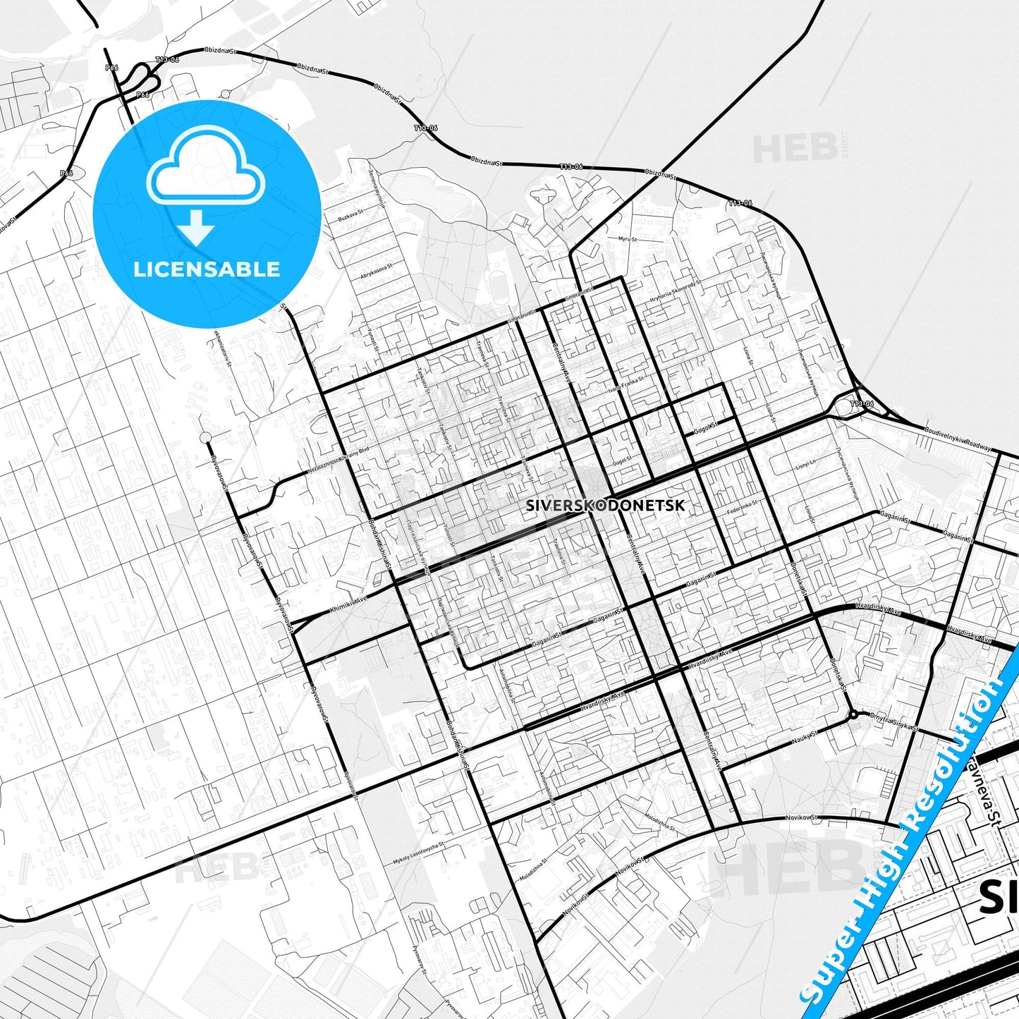 Sieverodonetsk, Ukraine Light Map with Street Names, City Names, and Districts
