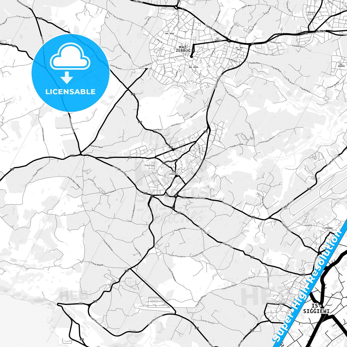 Siġġiewi, Malta Light Map with Street Names, City Names, and Districts