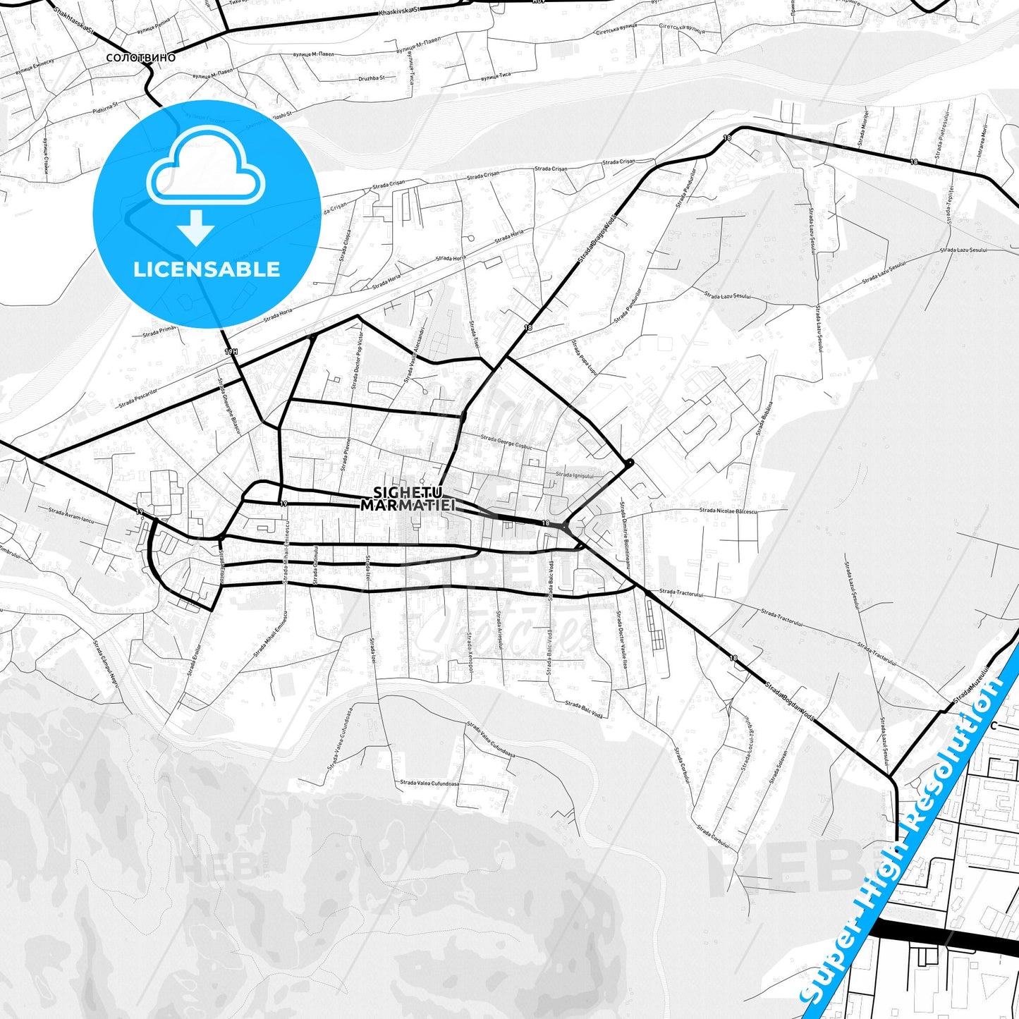 Sighetu Marmației, Romania Light Map with Street Names, City Names, and Districts