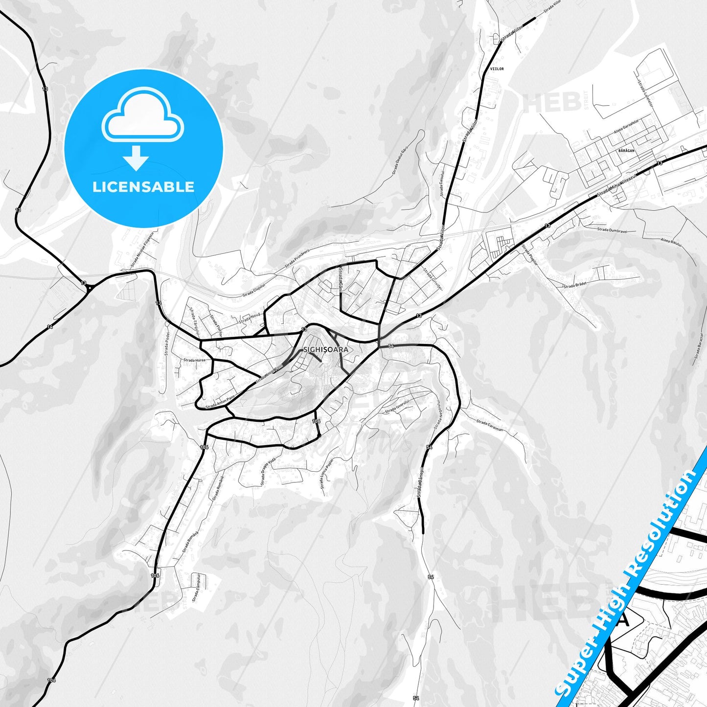 Sighișoara, Romania Light Map with Street Names, City Names, and Districts