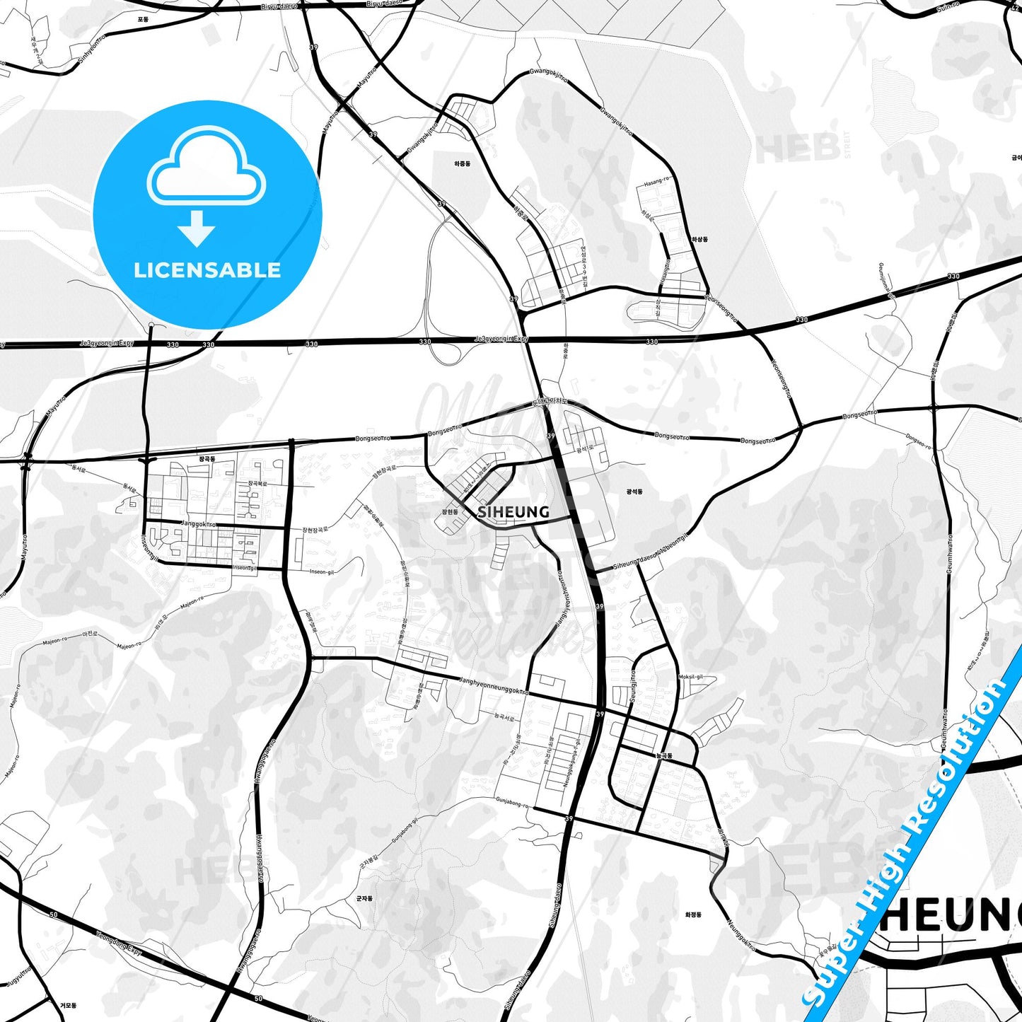 Siheung, South Korea Light Map with Street Names, City Names, and Districts