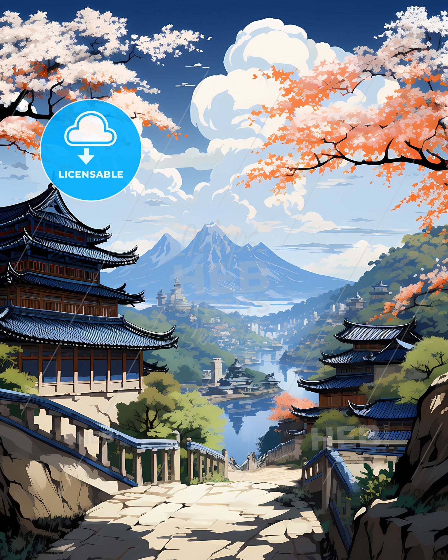 South Korean Mountain Landscape Painting of Siheung Skyline with Building and Trees