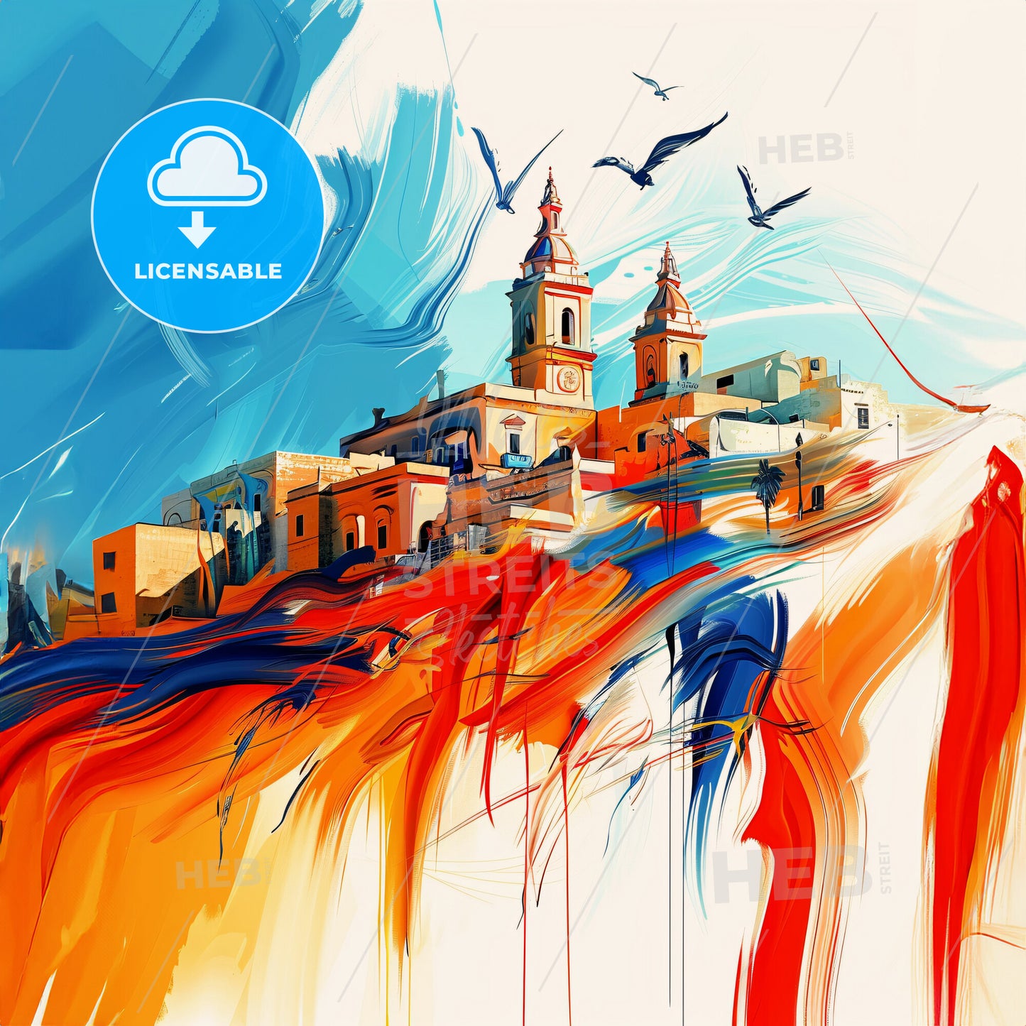 Vibrant Siġġiewi, Malta - A Painting Of A Building With Birds Flying In The Sky