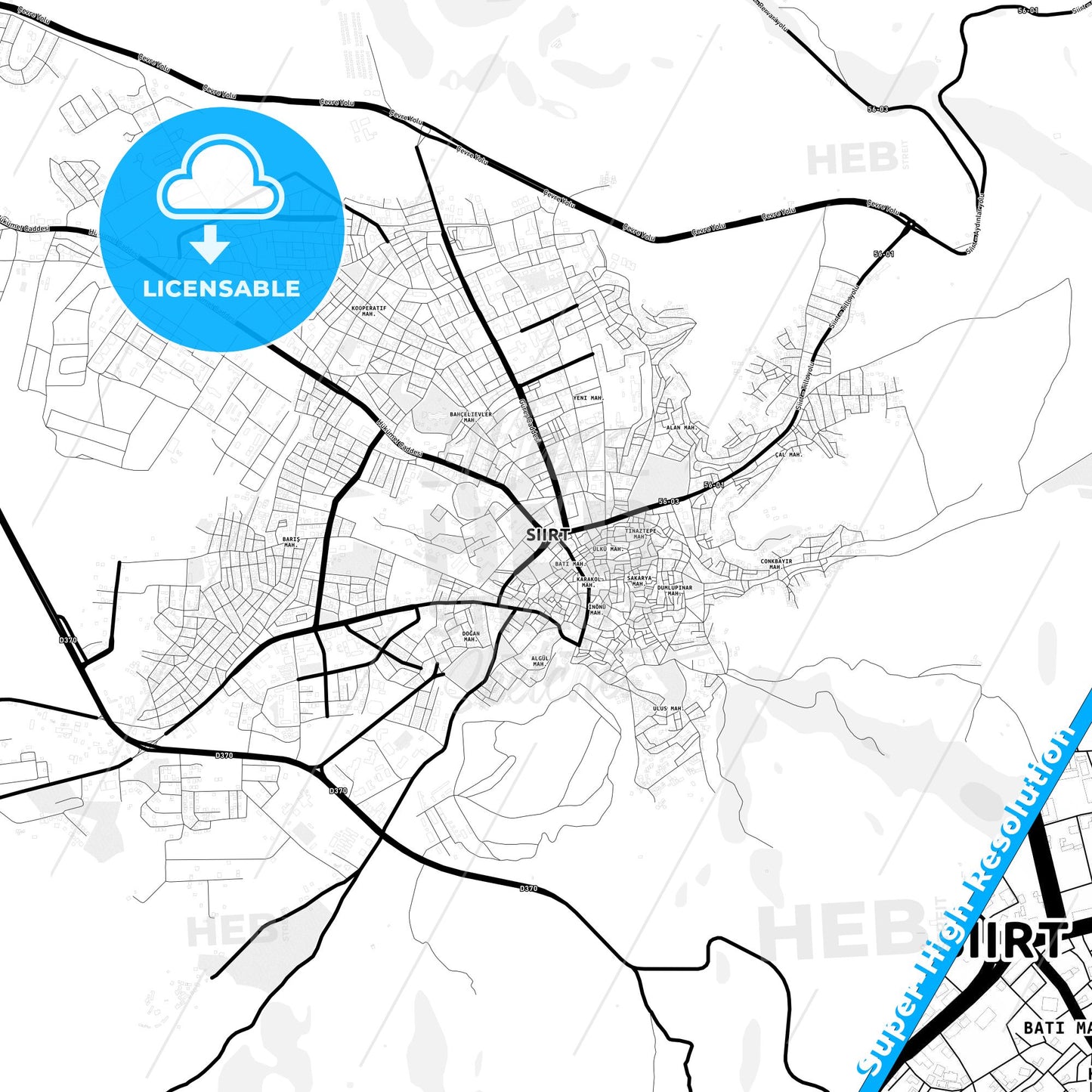 Siirt, Turkey Light Map with Street Names, City Names, and Districts