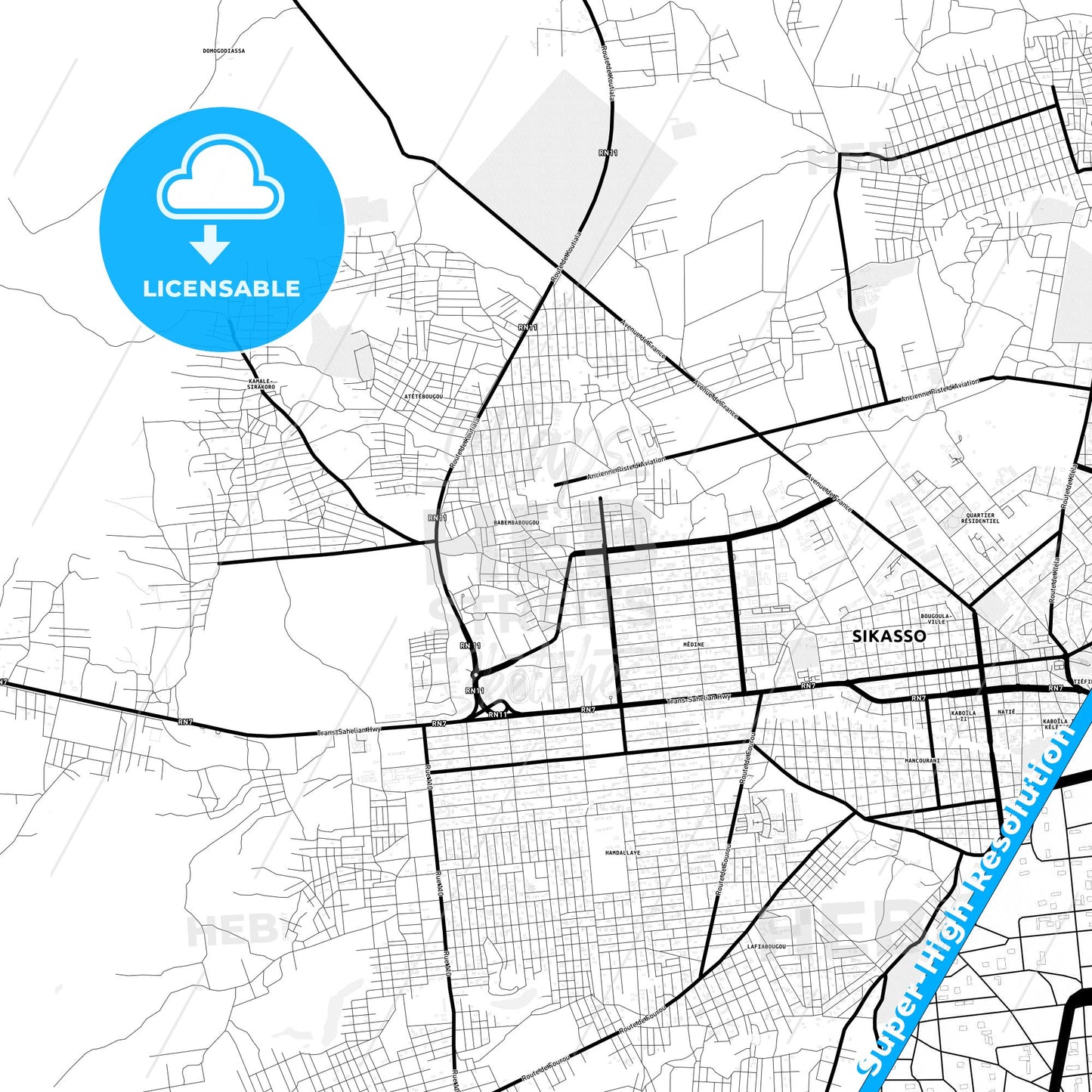 Sikasso, Mali Light Map with Street Names, City Names, and Districts