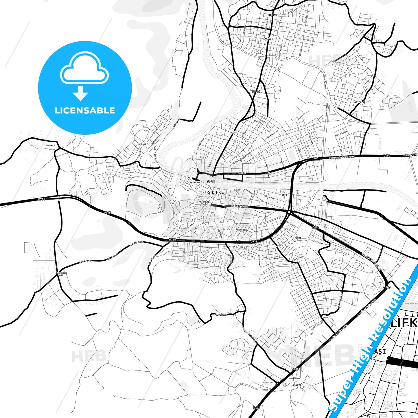 Silifke, Turkey Light Map with Street Names, City Names, and Districts