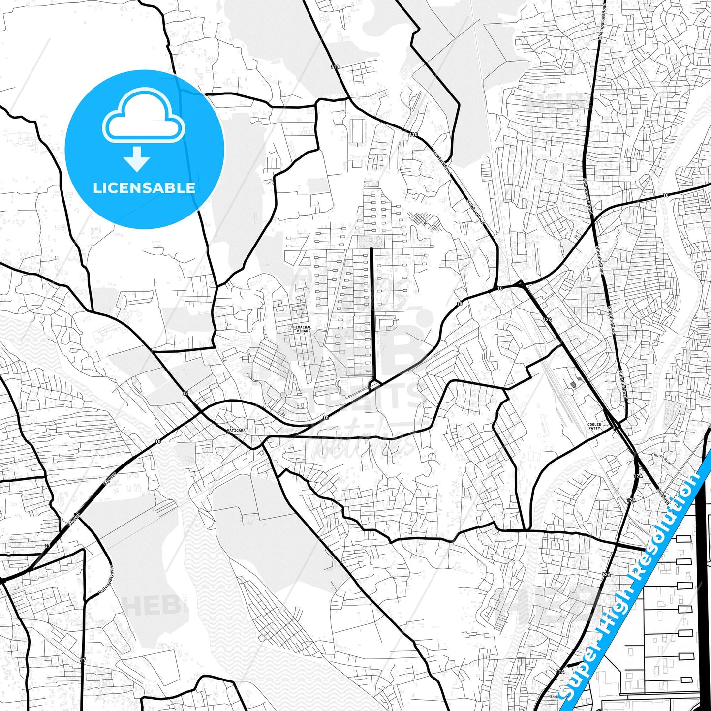 Siliguri, India Light Map with Street Names, City Names, and Districts