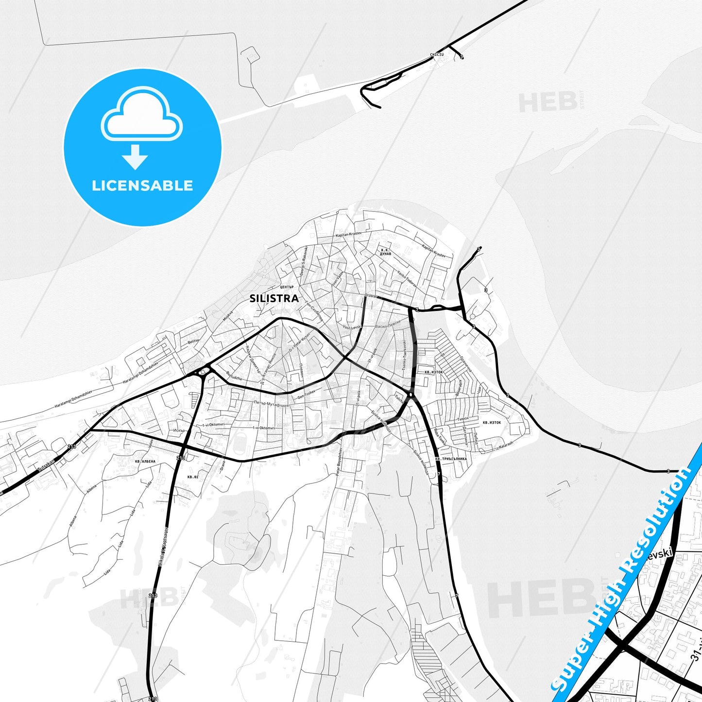 Silistra, Bulgaria Light Map with Street Names, City Names, and Districts