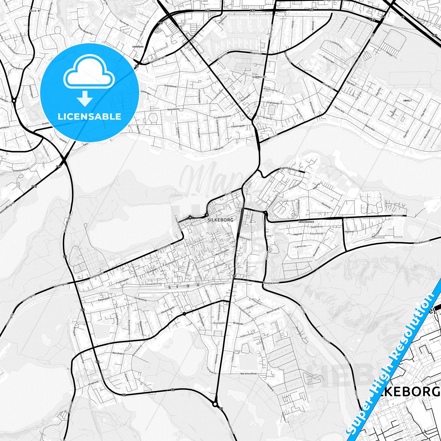 Silkeborg, Denmark Light Map with Street Names, City Names, and Districts