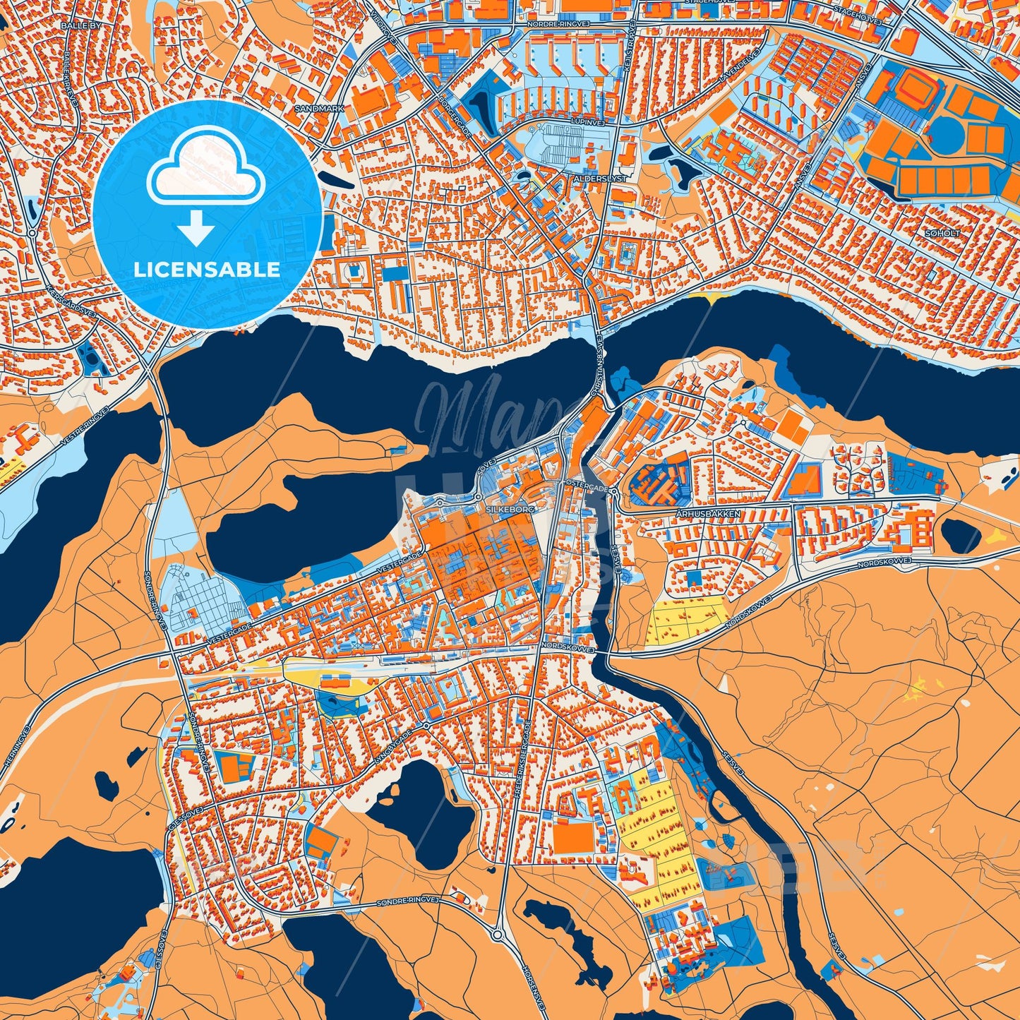 Colorful Silkeborg Street Map with Labels and Buildings