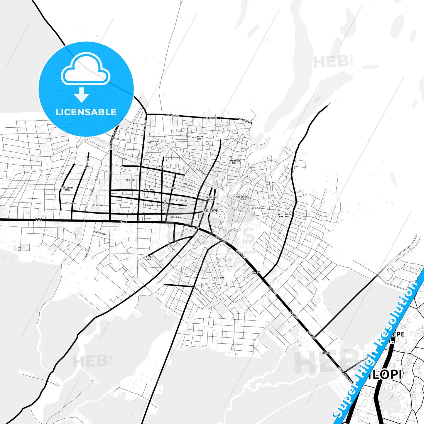 Silopi, Turkey Light Map with Street Names, City Names, and Districts