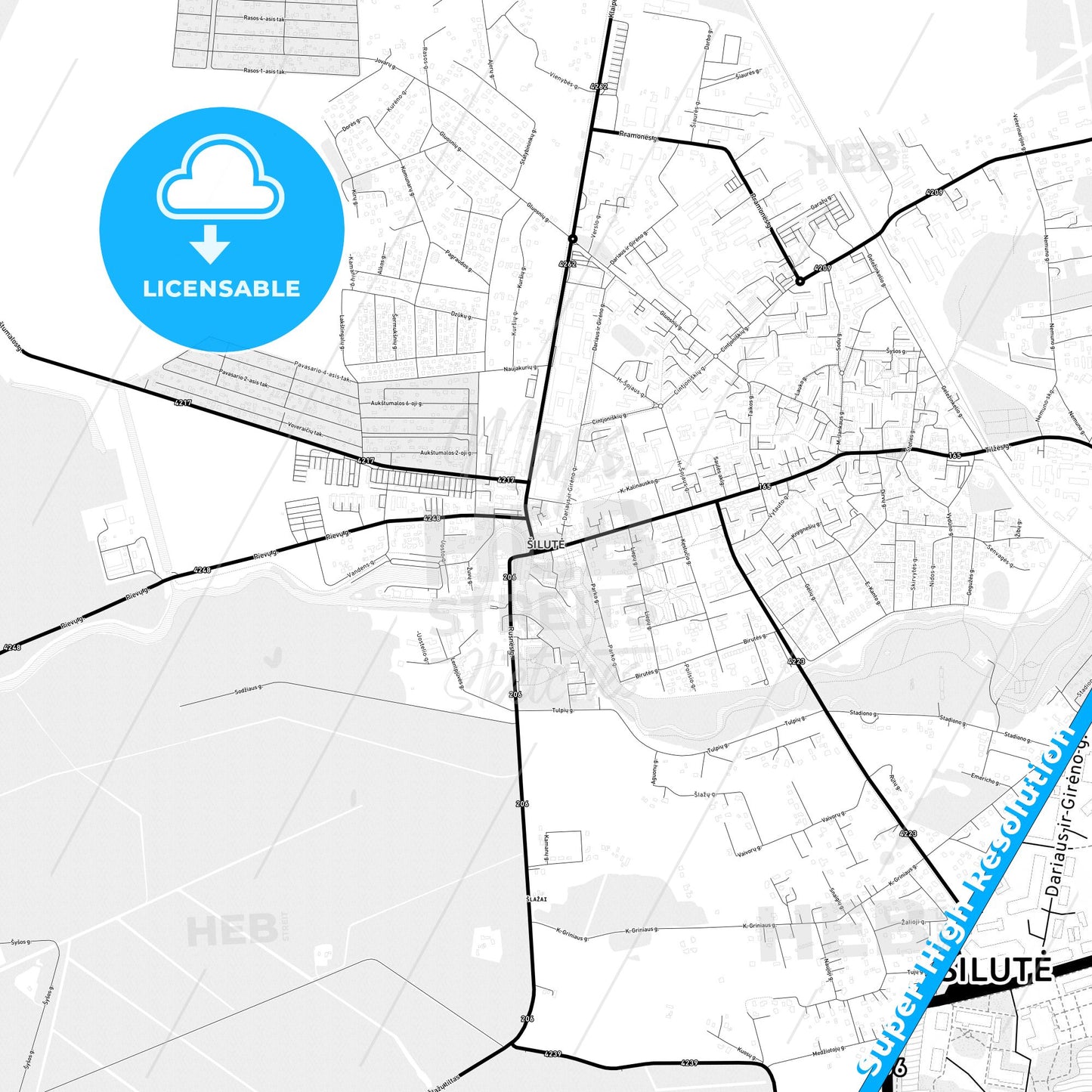 Šilutė, Lithuania Light Map with Street Names, City Names, and Districts