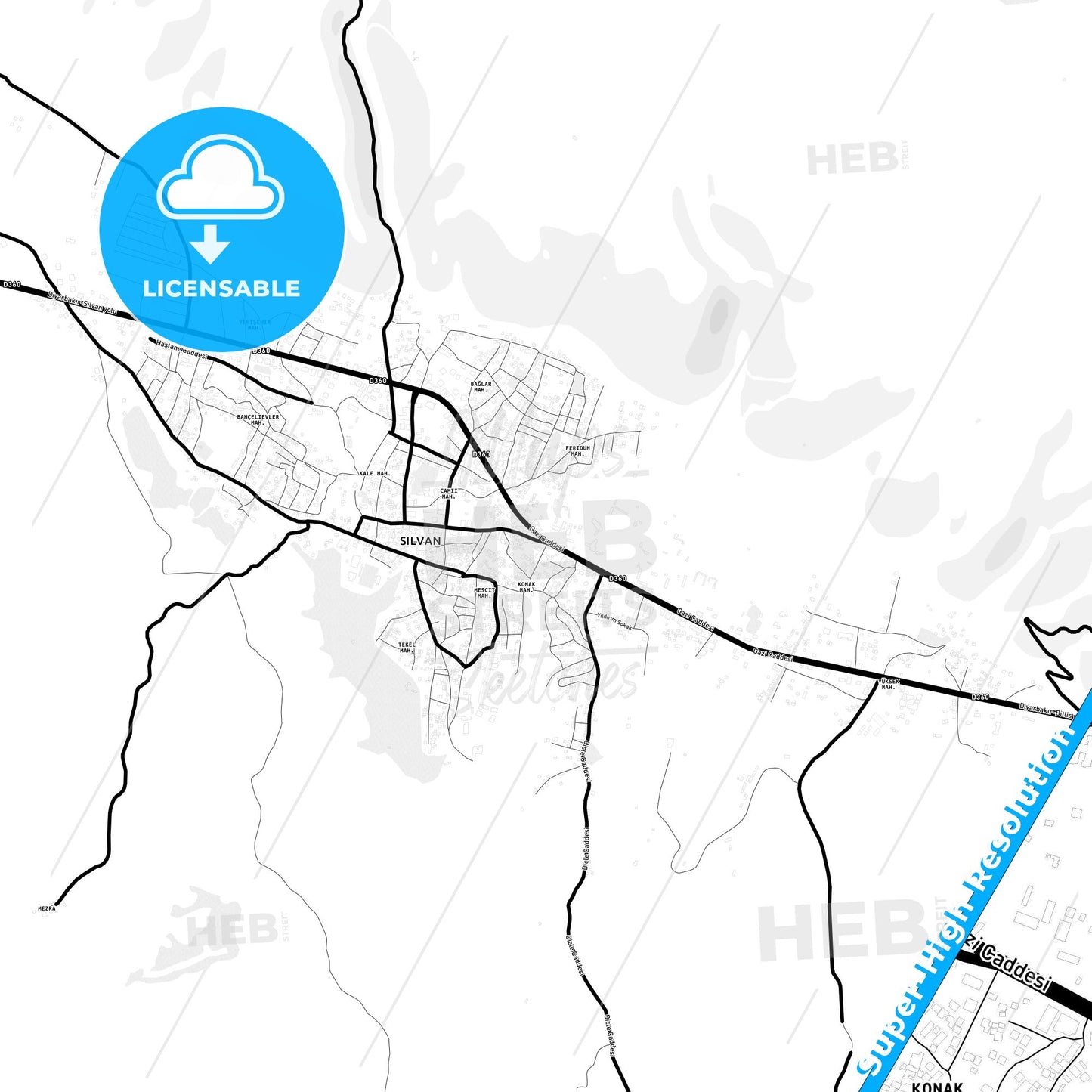 Silvan, Turkey Light Map with Street Names, City Names, and Districts
