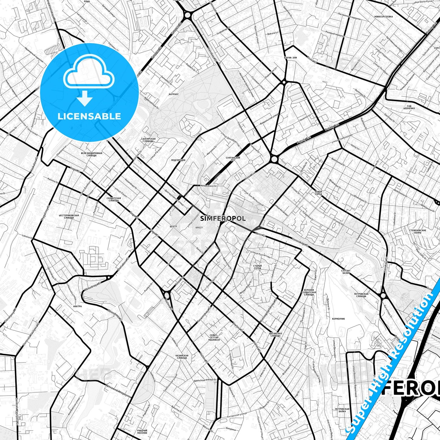 Simferopol, Ukraine Light Map with Street Names, City Names, and Districts