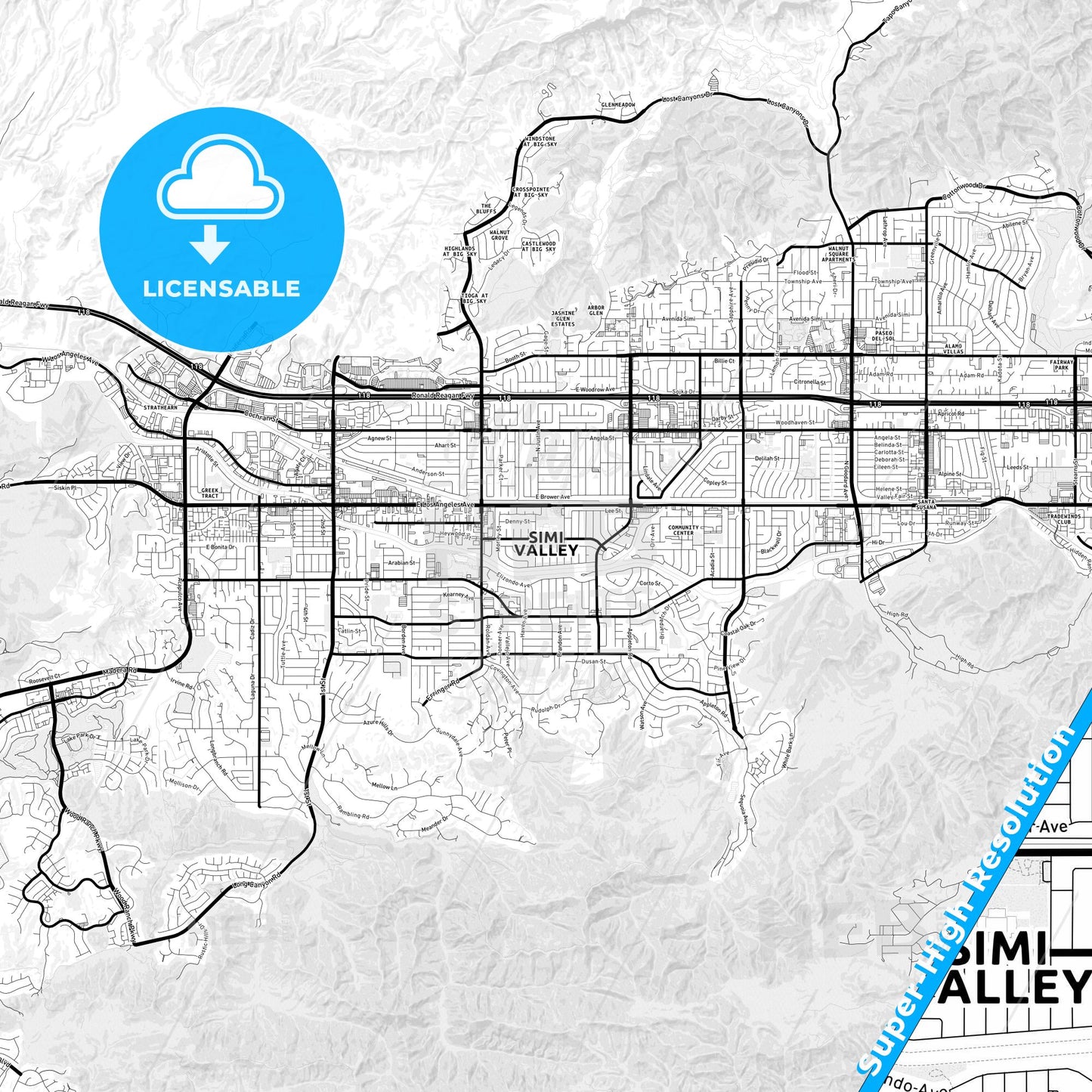 Simi Valley, California Light Map with Street Names, City Names, and Districts