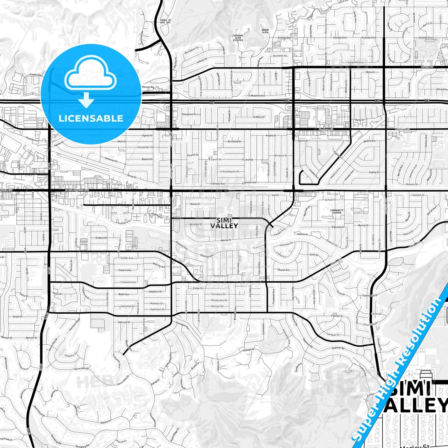 Simi Valley, California Light Map with Street Names, City Names, and Districts