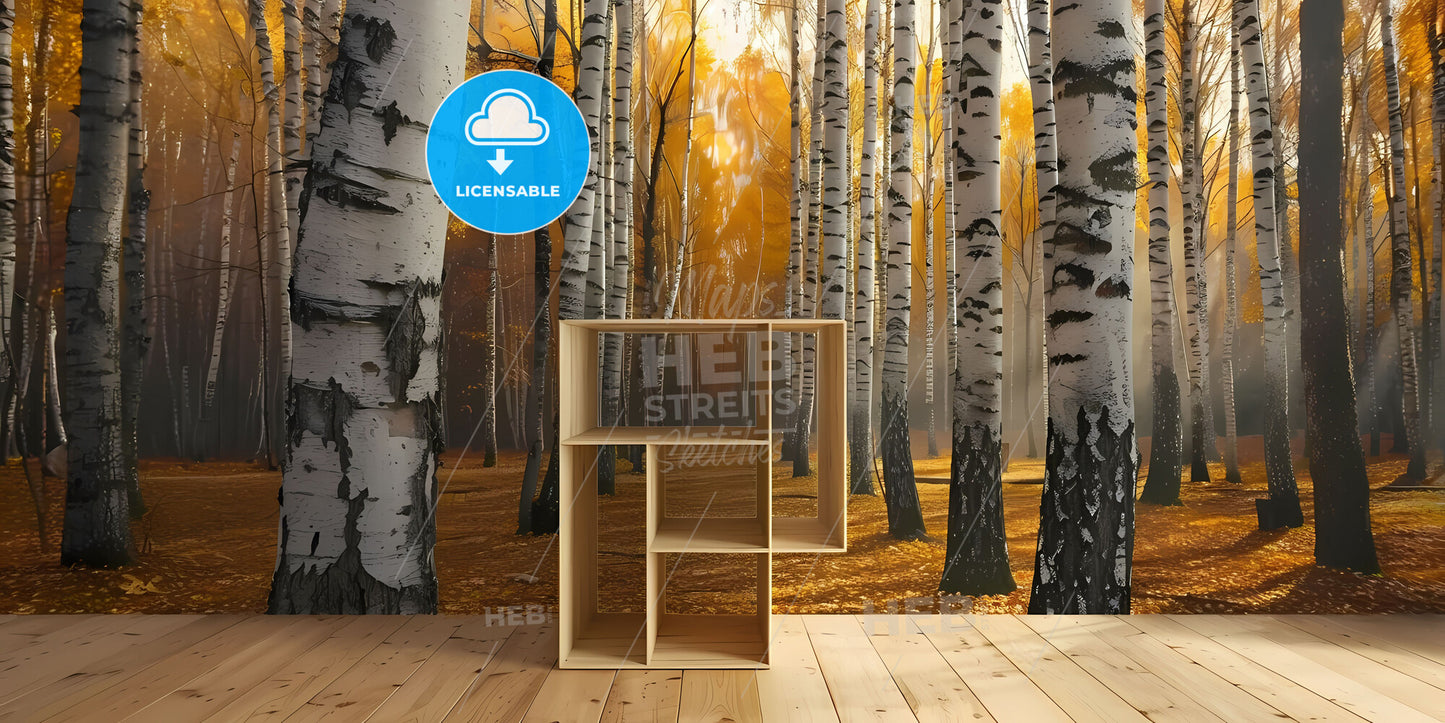 Rustic Wooden Shelf with Nature-Inspired Artwork Displaying Vibrant Colors and Scenic Background