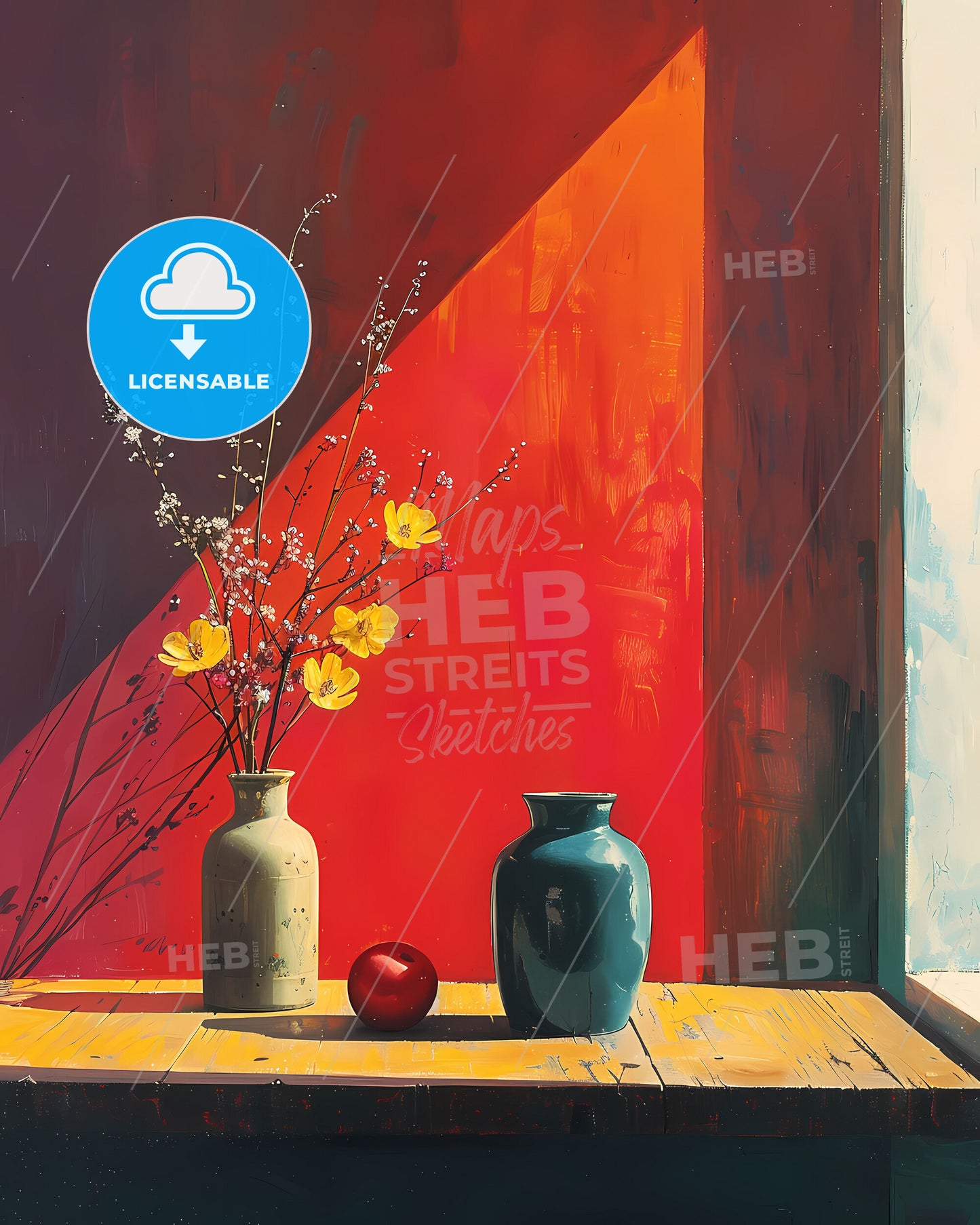 Modern stock image of a still life with vases, flowers, and an apple featuring a cantilever composition and triadic colors