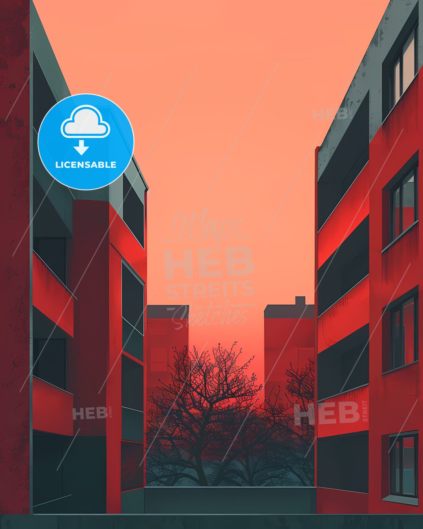 Minimalist Brutalist Art - Vibrant Painting of a Red and Gray Building with Nature