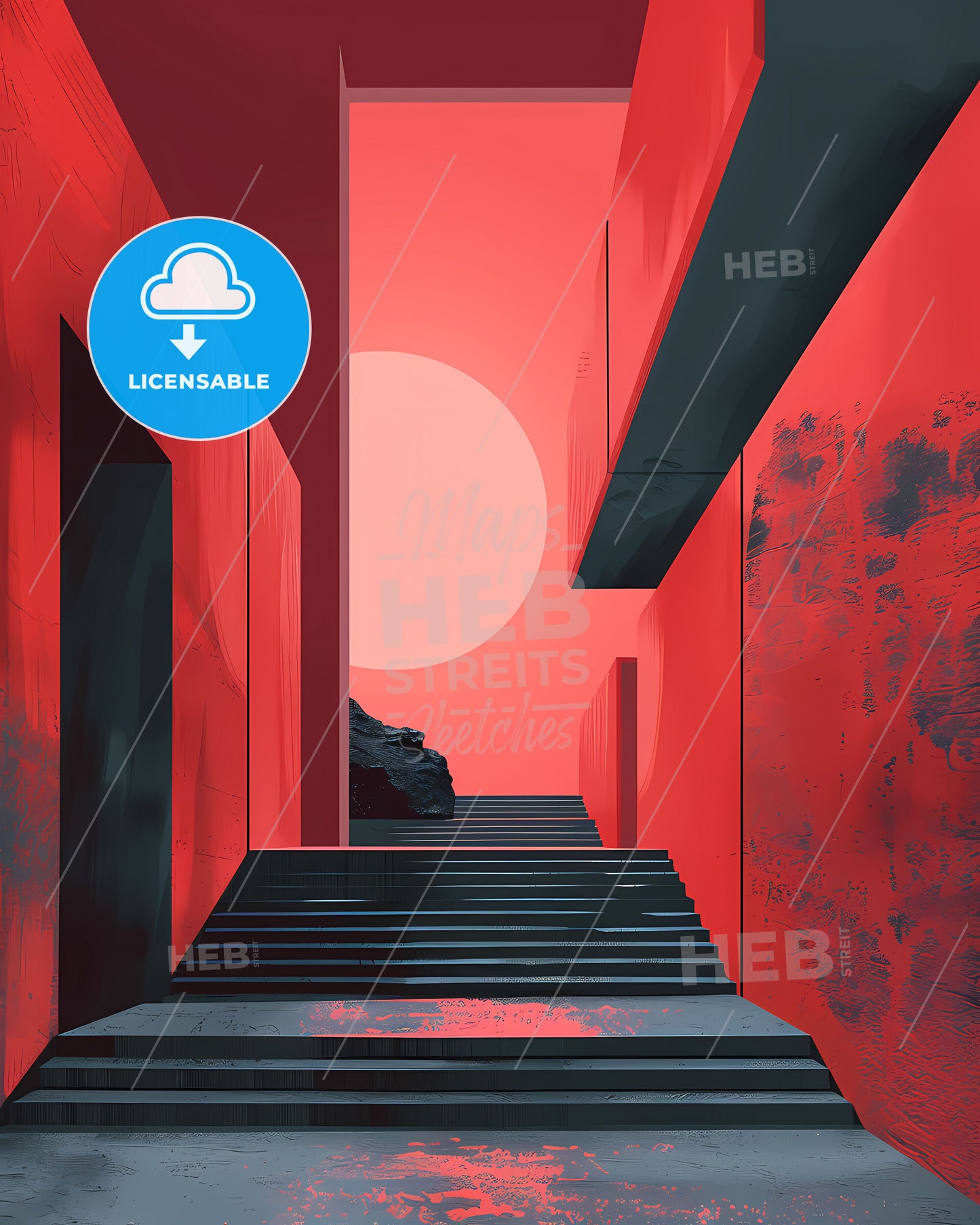 Minimalist Brutalism Art: Vibrant Red and Black Stairway Painting, Abstract Contemporary Artwork