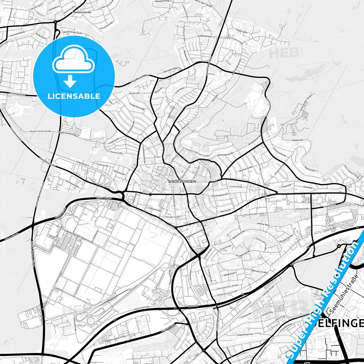 Sindelfingen, Germany Light Map with Street Names, City Names, and Districts