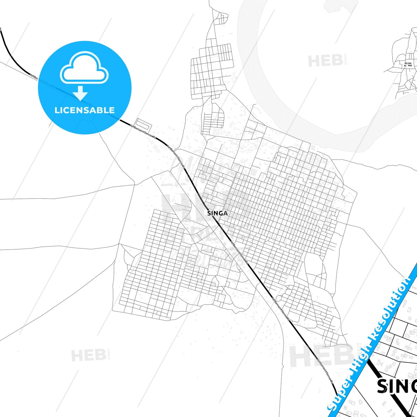 Singa, Sudan Light Map with Street Names, City Names, and Districts