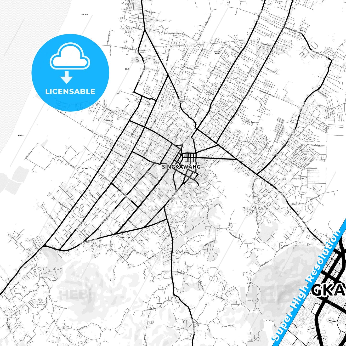 Singkawang, Indonesia Light Map with Street Names, City Names, and Districts