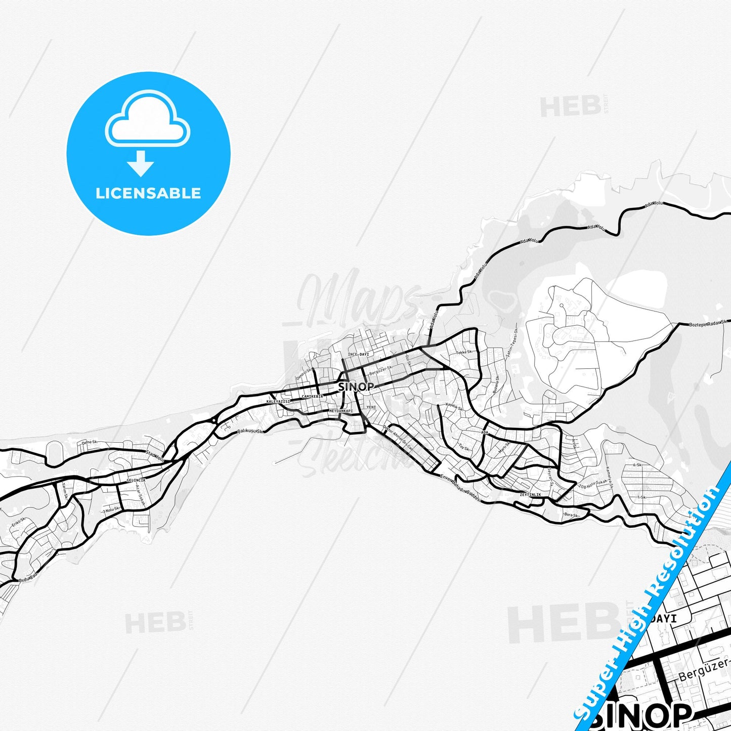 Sinop, Turkey Light Map with Street Names, City Names, and Districts