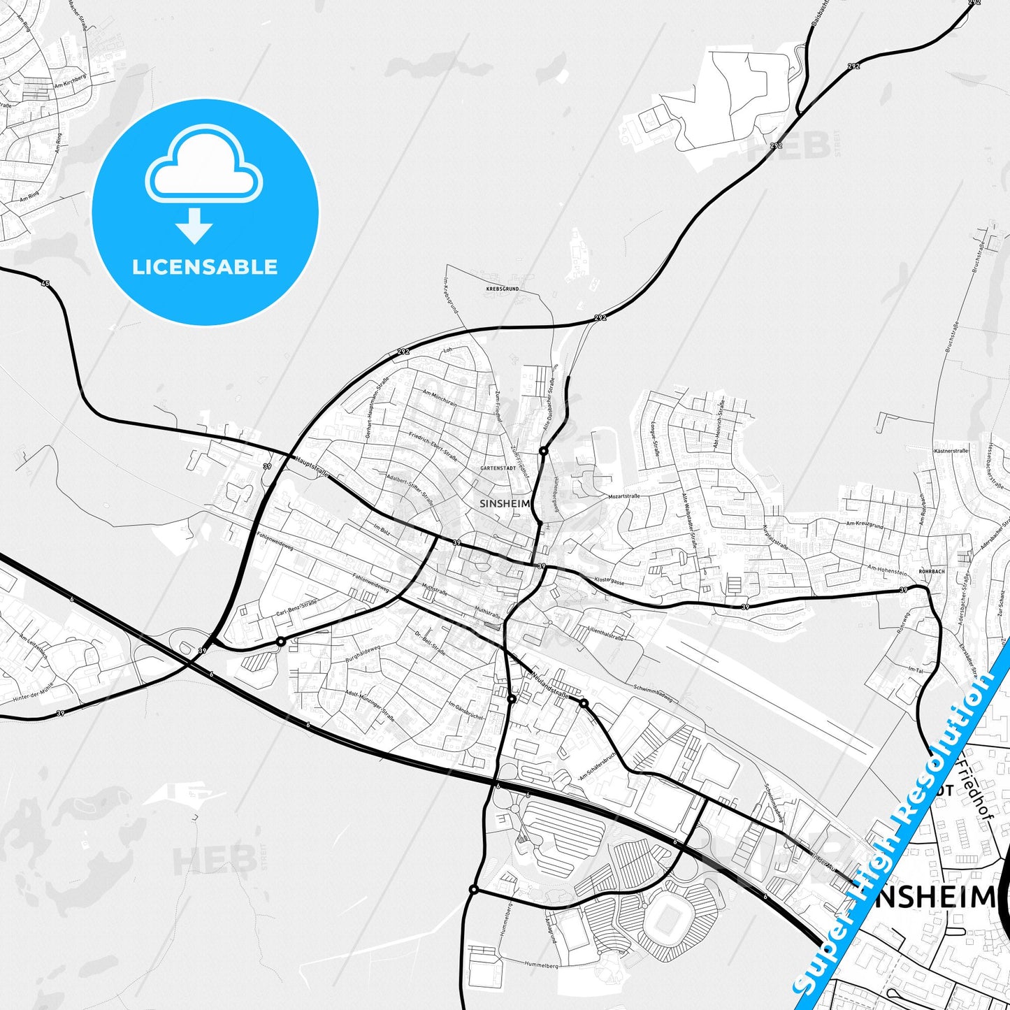 Sinsheim, Germany Light Map with Street Names, City Names, and Districts