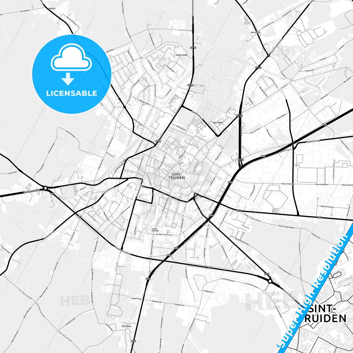 Sint-Truiden, Belgium Light Map with Street Names, City Names, and Districts