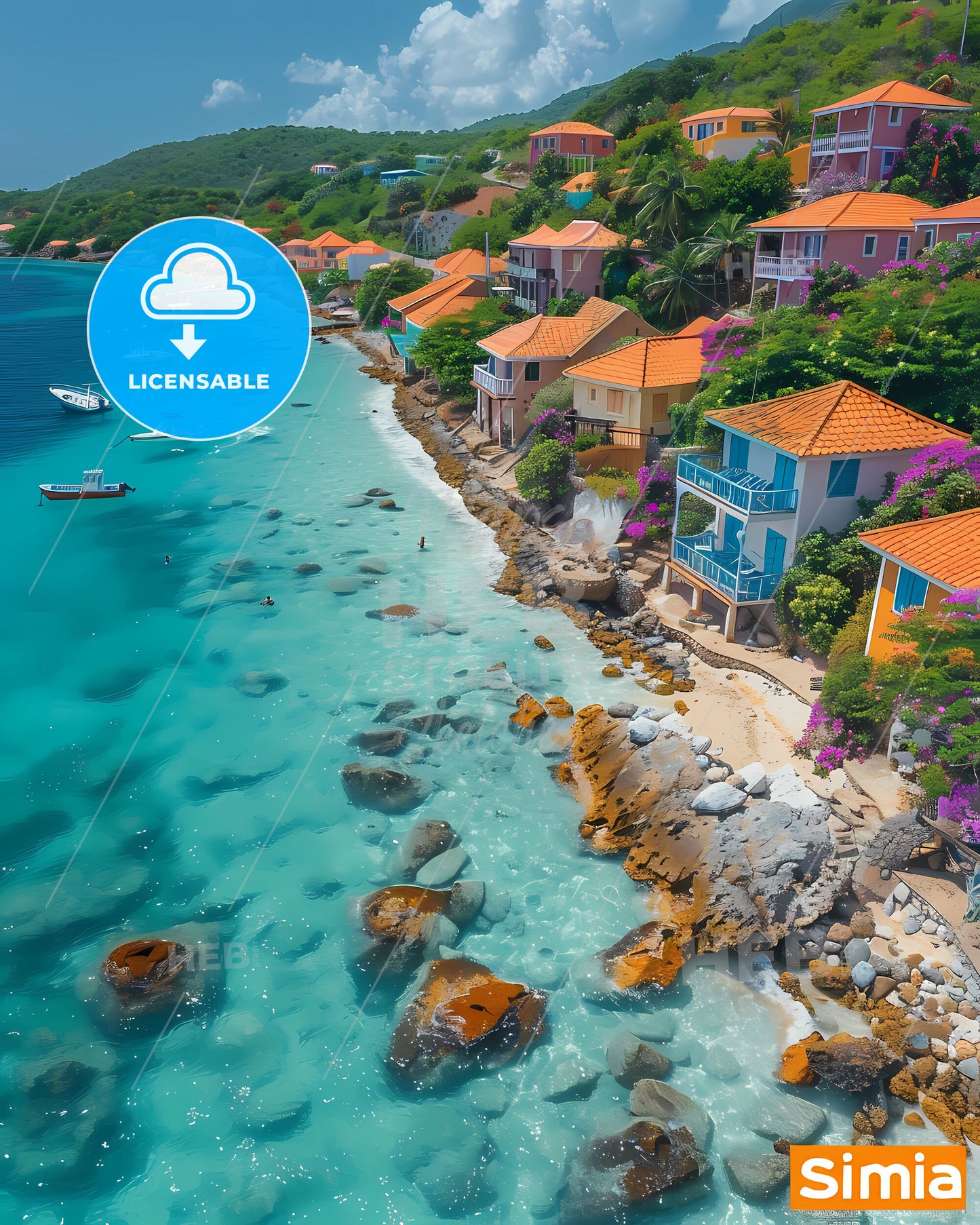 Vibrant Art Depiction of Colorful Houses Perched on a Hillside by the Water, Sint Eustatius, North America