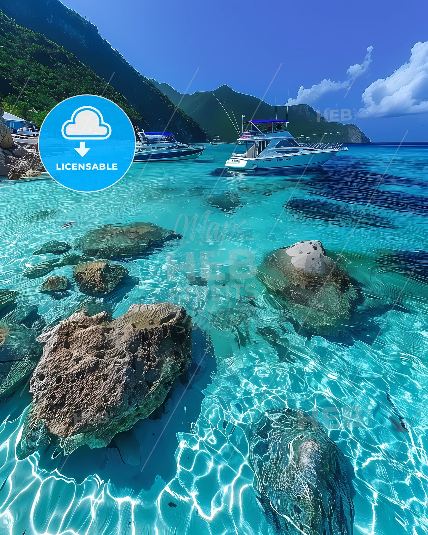 Blue Water Artwork: Caribbean Seascape Painting with Boats and Rocks, North America