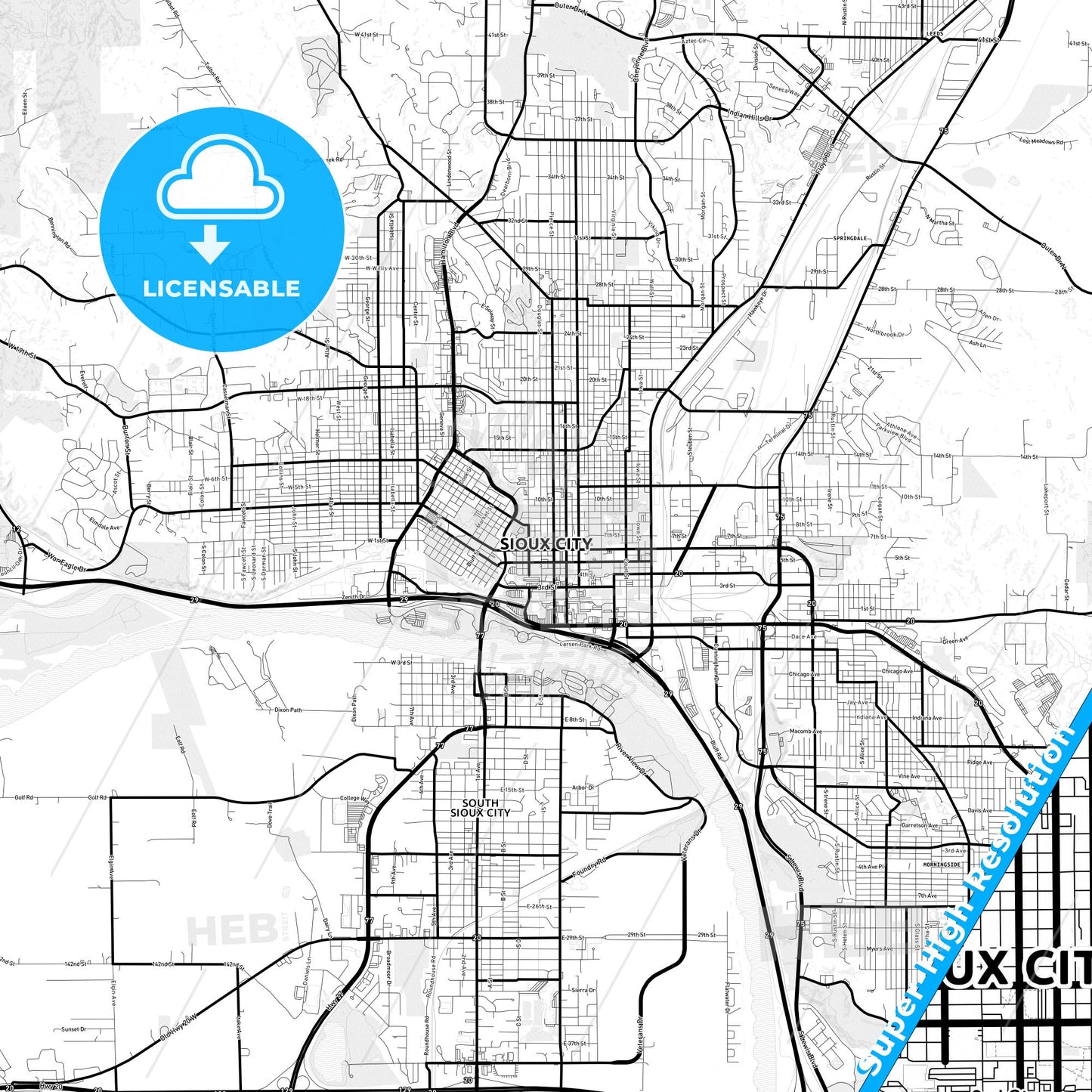 Sioux City, Iowa Light Map with Street Names, City Names, and Districts