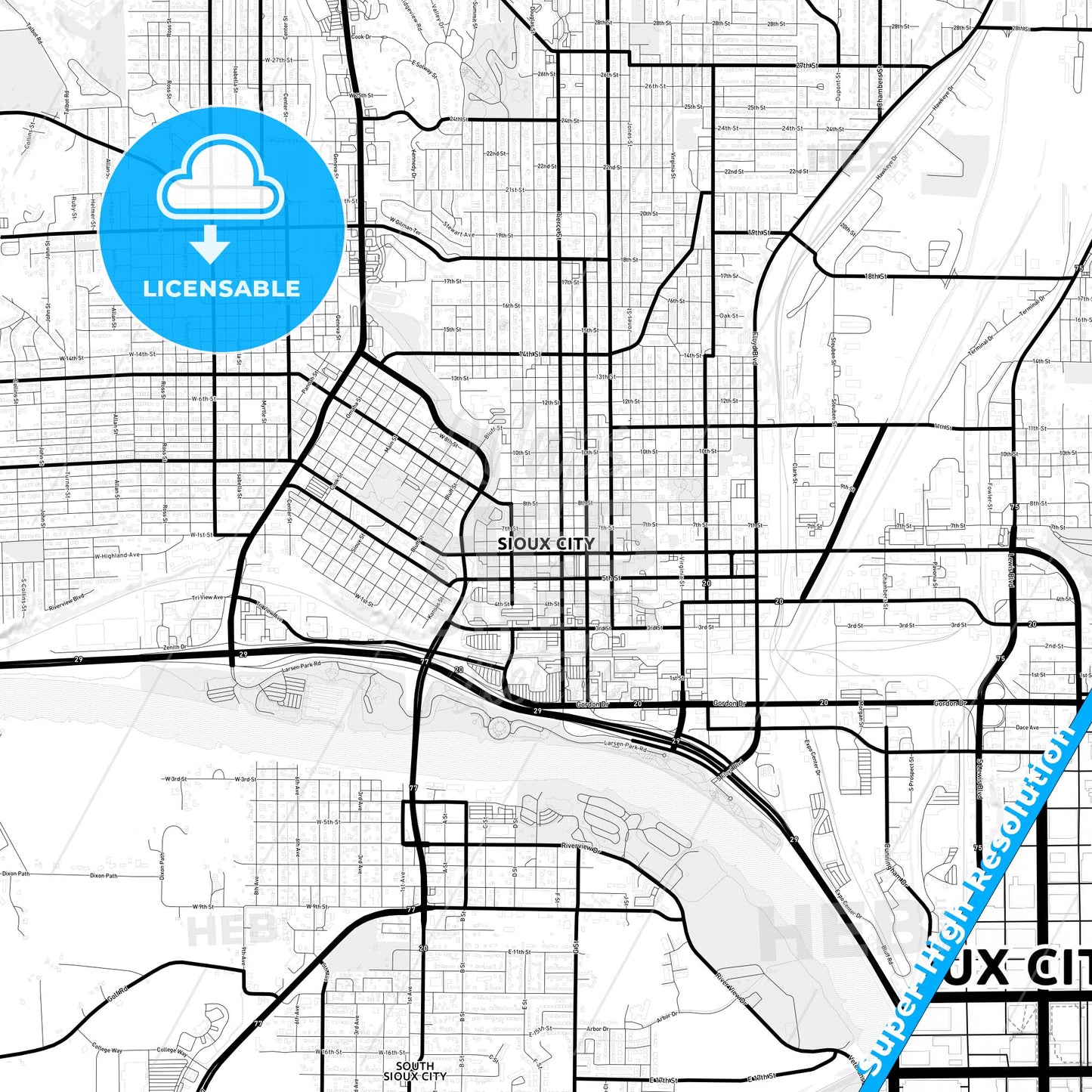 Sioux City, Iowa Light Map with Street Names, City Names, and Districts