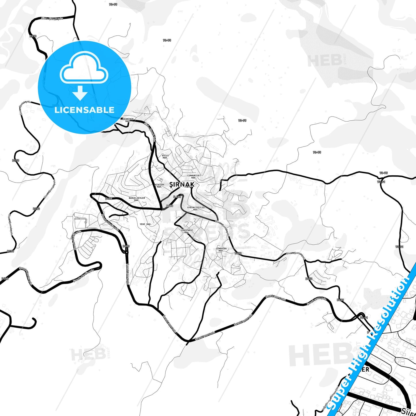 Şırnak, Turkey Light Map with Street Names, City Names, and Districts
